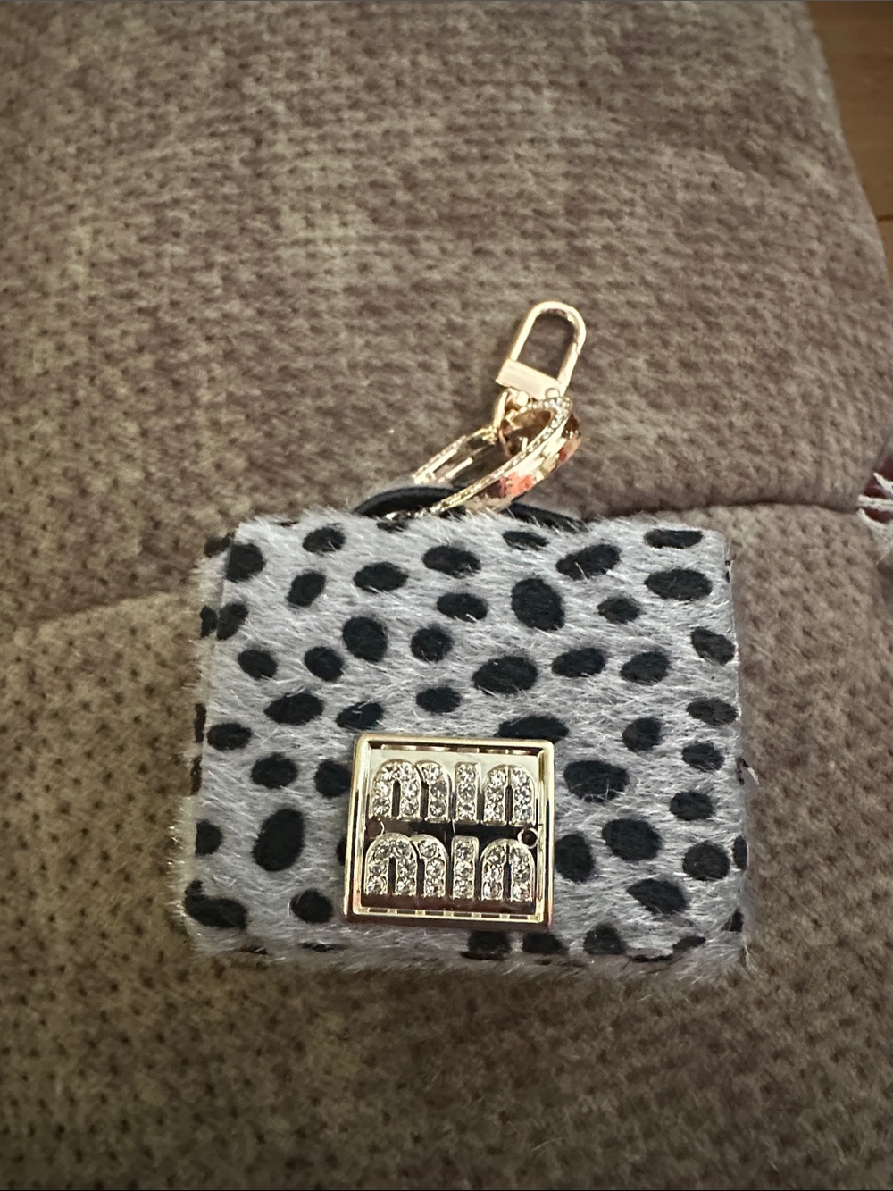 Faux Fur Black & White Leopard Key Pouch with Gold Accent for ear buds